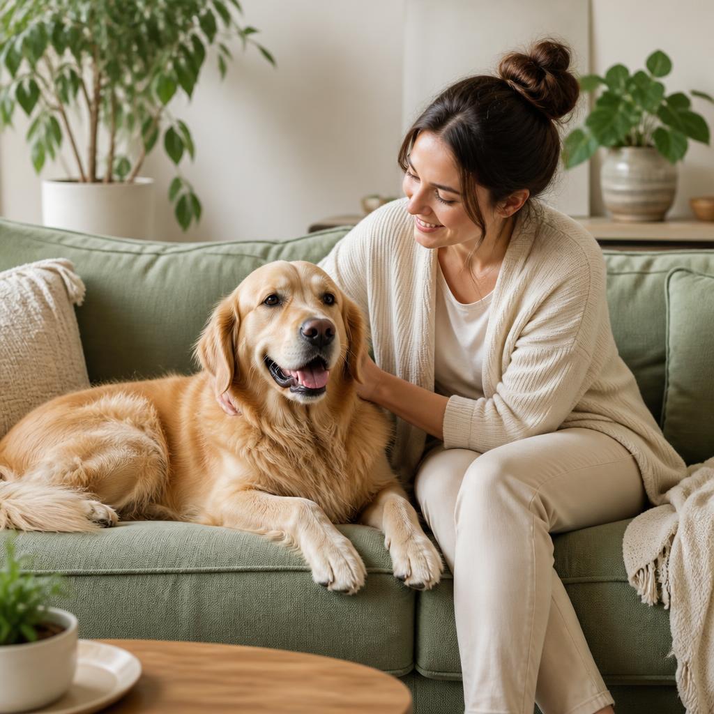 A caring pet sitter gently petting a happy golden retriever on a sage sofa